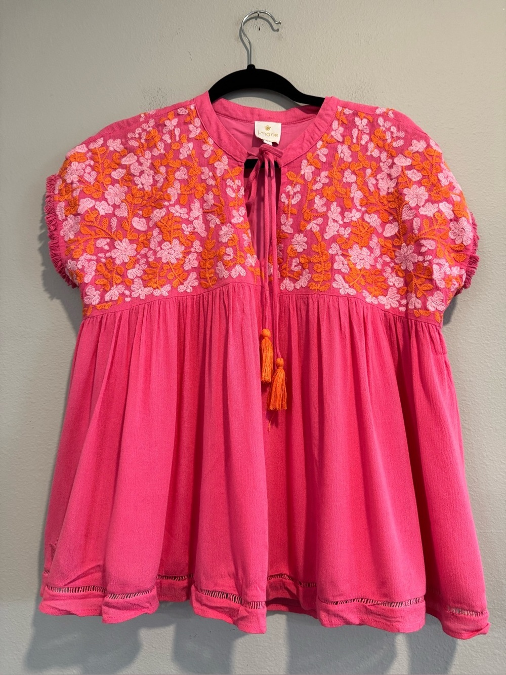 J.Marie Embroidered Tassel Peasant Boho Top Small